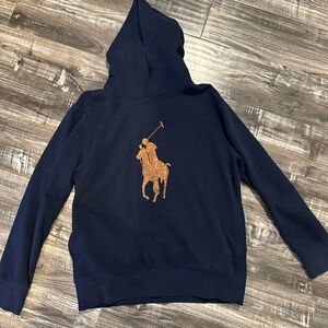 Polo by Ralph Lauren Men's Navy Hoodie with Brown Leather Pony